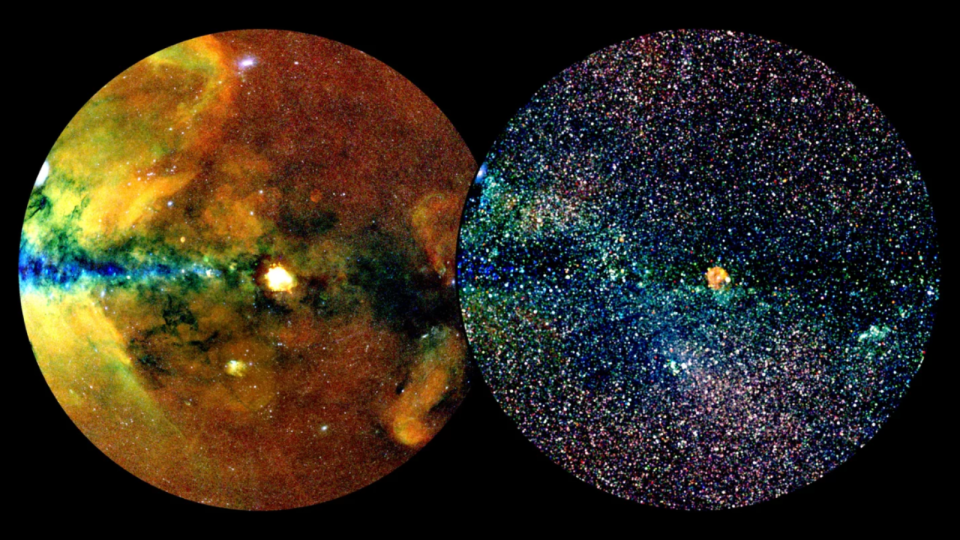 On the left, a yellow circle with smoke patterns.  To the right, a blue circle with a breast that is bright with stars.