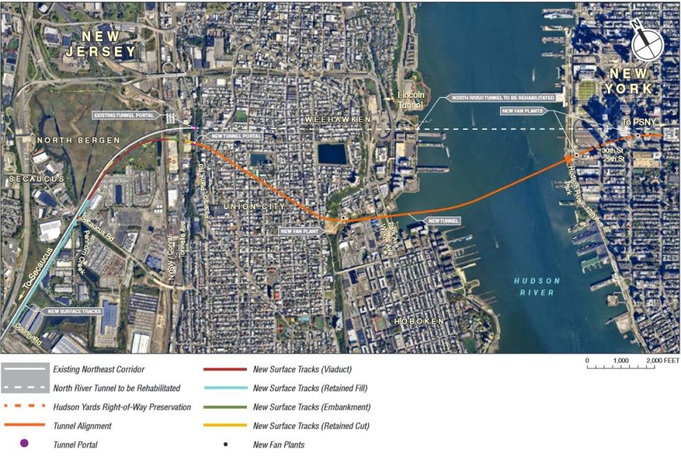 Proposed route of the new Hudson River tunnel, which would be constructed as part of the first phase of the Gateway Program.