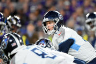 BALTIMORE, MARYLAND - JANUARY 11: Ryan Tannehill #17 of the Tennessee Titans calls a play against the Baltimore Ravens during the AFC Divisional Playoff game at M&T Bank Stadium on January 11, 2020 in Baltimore, Maryland. (Photo by Will Newton/Getty Images)