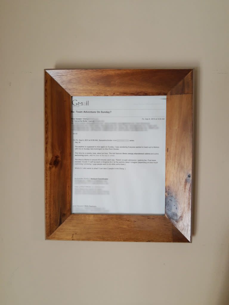 A framed copy of the infamous hike email, gifted to the couple by a former colleague <br> Credit: Samantha Hassan-Butler