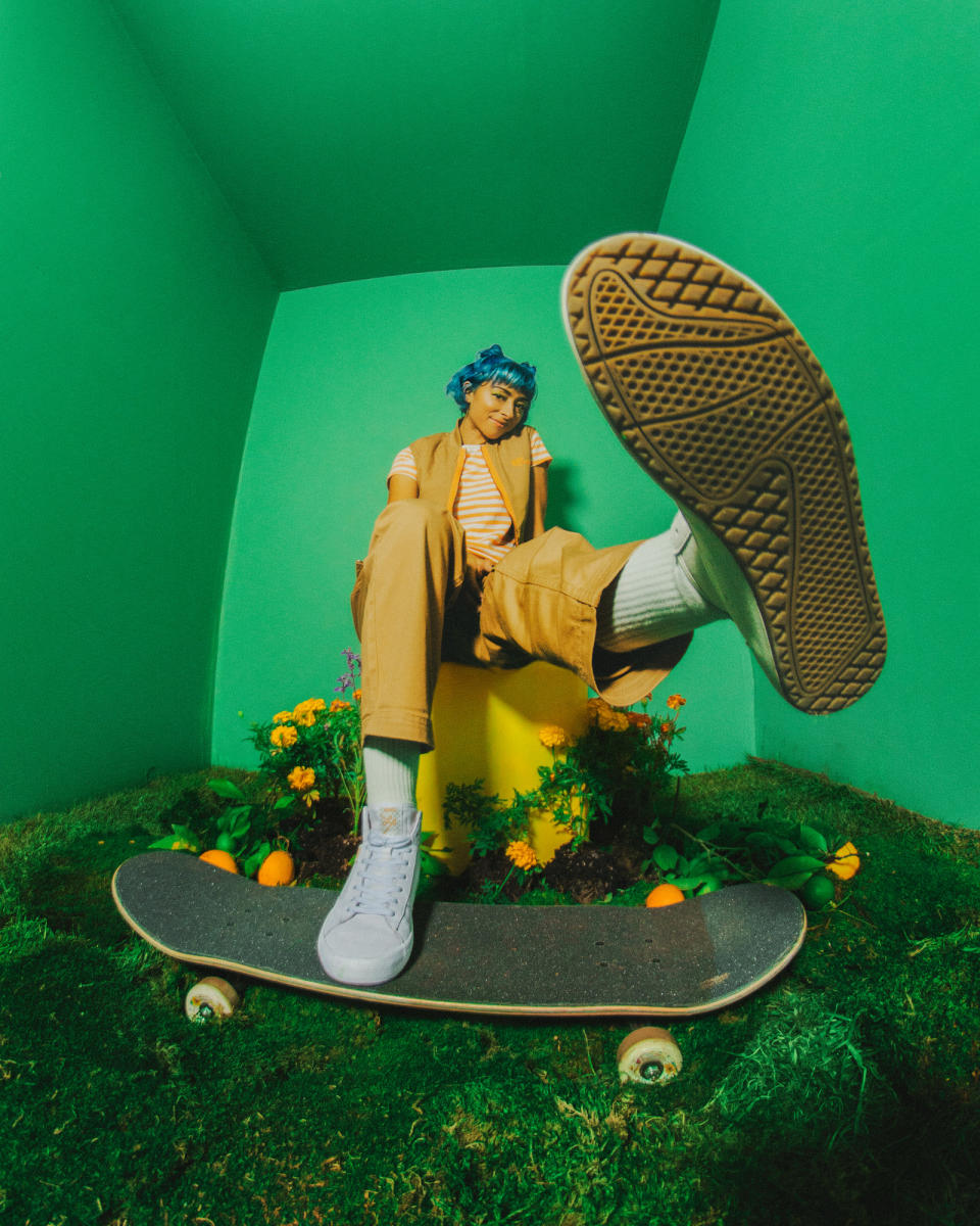 model blue hair vans sneakers skate board green room