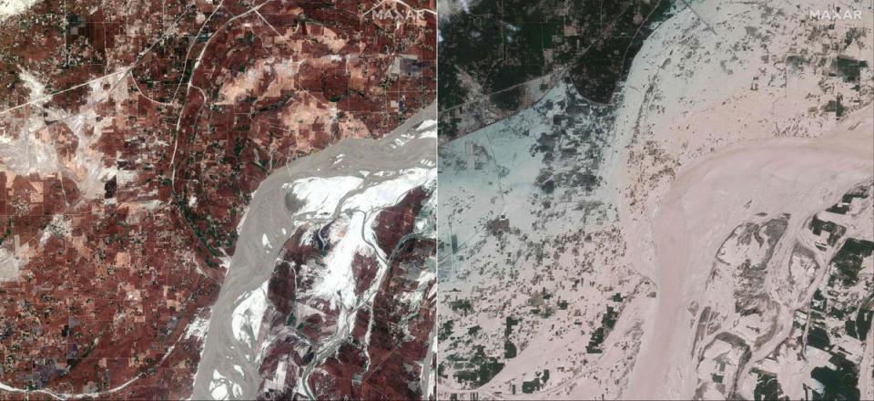 This combination of handout satellite pictures shows an overview of the Indus River in Rajanpur, Pakistan, on March 24, 2022 (left) and on August 28 (Maxar Technologies/AFP via Getty)