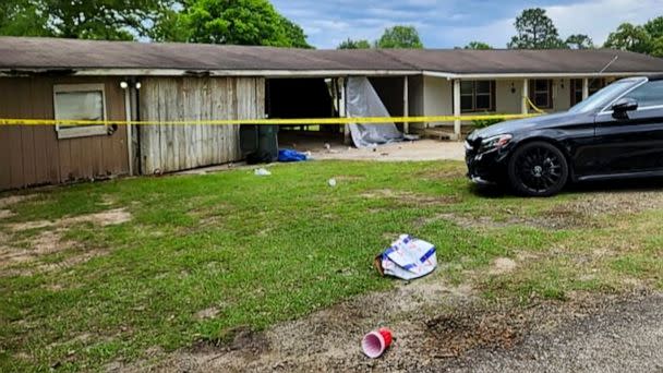 PHOTO: In this photo provided by KJAS, crime scene tape cordons off the scene of a shooting at a prom after-party, April 23, 2023, in Jasper, Texas. (Mike Lout/KJAS, Jasper, Texas via AP)