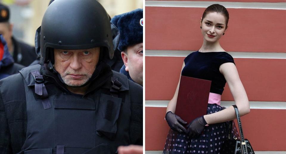 Pictured left is Oleg Sokolov at the crime scene with authorities. Right is Anastasia Yeshchenko who he is accused of murdering.