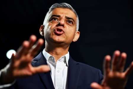 ILE PHOTO: Mayor of London Sadiq Khan speaks during an interview with Reuters at an event to promote the start of London Tech Week