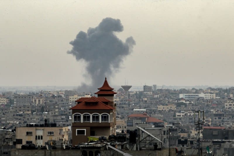 Smoke billows after an Israeli strike on Rafah in the southern Gaza Strip on Friday. Photo by Ismael Mohamad/UPI