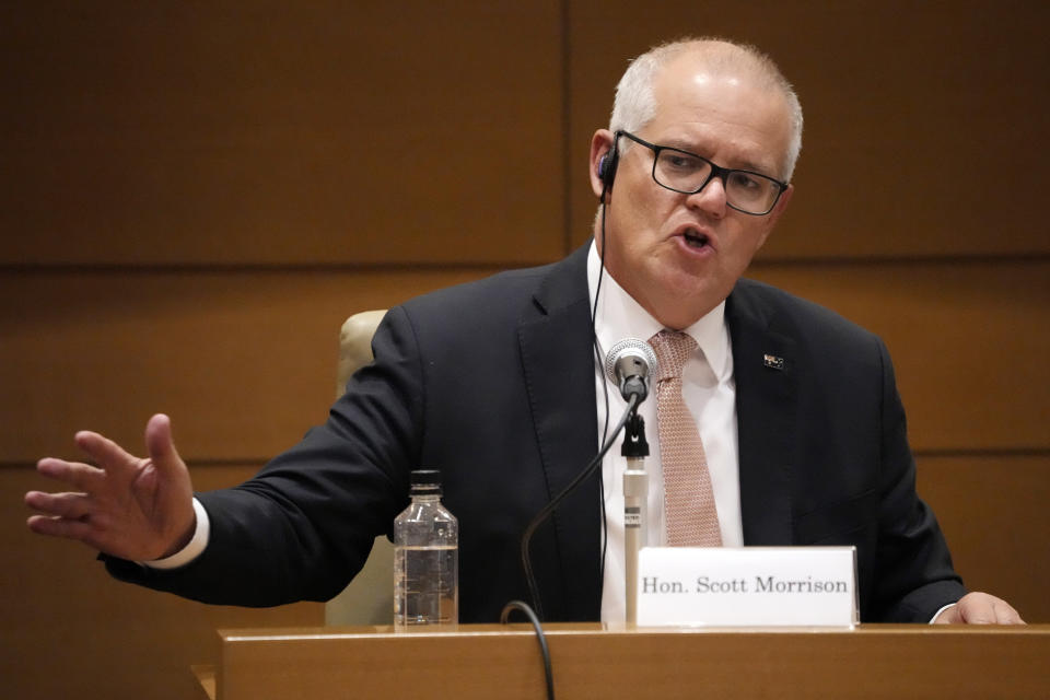 Former Prime Minister of Australia, Scott Morrison speaks during a symposium of the Inter-Parliamentary Alliance on China at the Diet Members Building (IPAC) Friday, Feb. 17, 2023, in Tokyo. (AP Photo/Eugene Hoshiko)