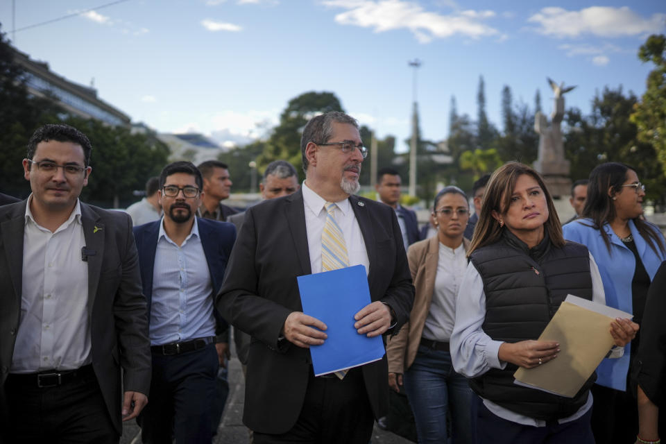 Guatemala's President-elect Bernardo Arévalo, Vice President-elect Karin Herrera, and Seed Movement legislators, arrive for a press conference in the Plaza of Human Rights in Guatemala City, Thursday, Nov. 16, 2023. Guatemalan prosecutors said Thursday they will seek to strip Arévalo and several members of his party of their immunity for allegedly making social media posts that encouraged students to take over a public university in 2022. (AP Photo/Santiago Billy)