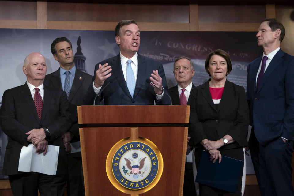 Sen. Mark Warner, D-Va., vice-chair of the Senate Intelligence Committee, is joined by fellow Democrats as he tells reporters that the Republicans have killed every piece of legislation the Democrats have crafted to protect elections, during a news conference at the Capitol in Washington, Tuesday, July 23, 2019. Warner is joined by, from left, Sen. Ben Cardin, D-Md., Rep. John Sarbanes, D-Md., Sen. Dick Durbin, D-Ill., Sen. Amy Klobuchar, D-Minn., and Sen. Ron Wyden, D-Ore. (AP Photo/J. Scott Applewhite)