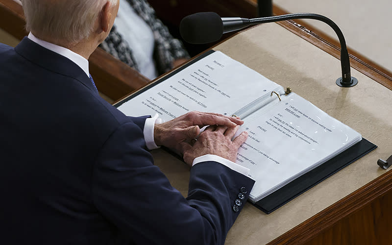 A copy of President Biden’s speech is seen as he delivers the second State of the Union address of his presidency. <em>Greg Nash</em>