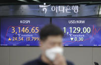 An employee of a bank walks by screens showing the Korea Composite Stock Price Index (KOSPI), left, and the foreign exchange rate between U.S. dollar and South Korean won at the foreign exchange dealing room in Seoul, South Korea, Friday, May 14, 2021. Asian shares rose Friday after Wall Street put the brakes on a three-day losing streak with a broad stock market rally powered by Big Tech companies and banks. (AP Photo/Lee Jin-man)