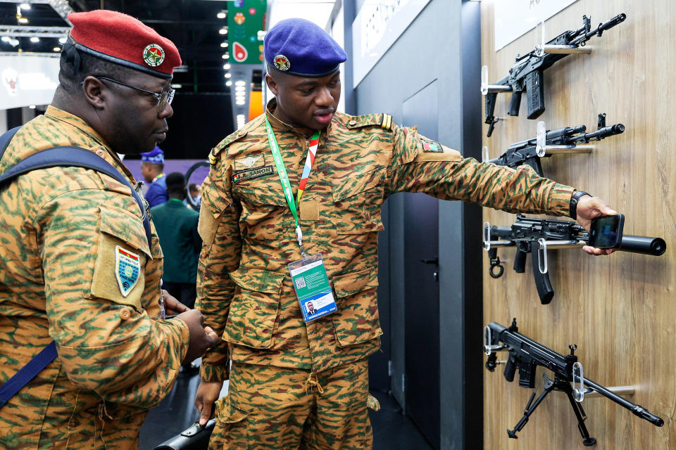 Members of delegations examine a weapon exhibition on the sideline of the Russia Africa Summit in St. Petersburg, on  July 28, 2023. (Yegor Aleyev / TASS Host Photo Agency Pool Photo via AP)