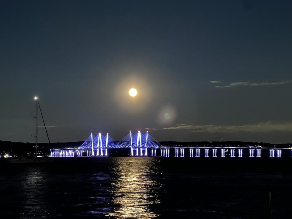 Moon and Tappan Zee bridge taken with Apple iPhone 14 Pro and Moment 58mm lens attachment