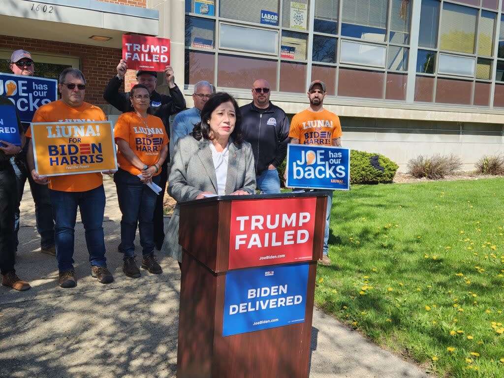 Former U.S. Secretary of Labor Hilda Solis speaks Tuesday morning at a press conference in Madison organized by labor supporters of President Joe Biden's re-election campaign. (Wisconsin Examiner photo)