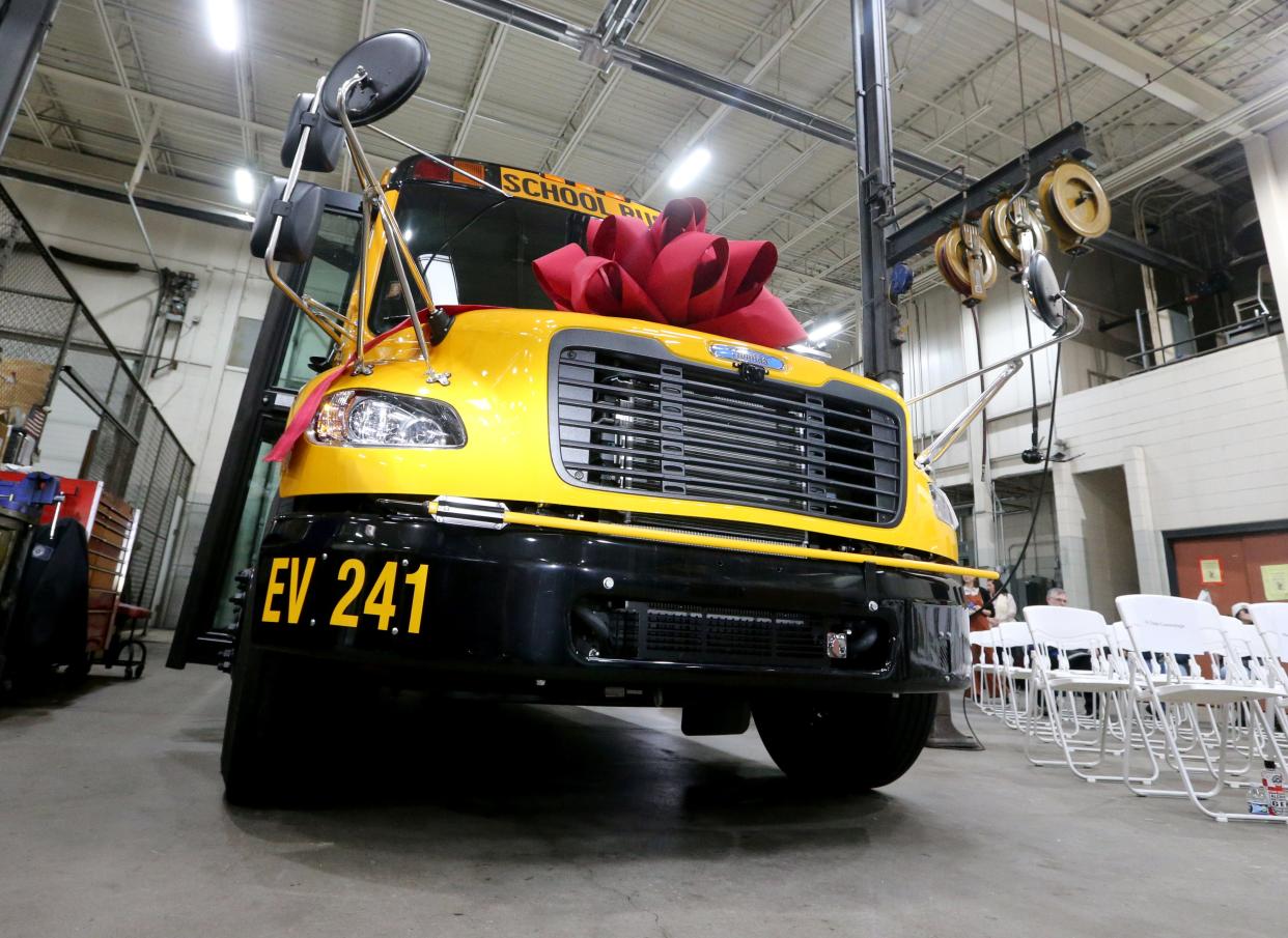 One of the two new electric school buses sits at an unveiling Friday, Jan. 27, 2023, at the South Bend school district’s bus facility on Bend Drive in South Bend.