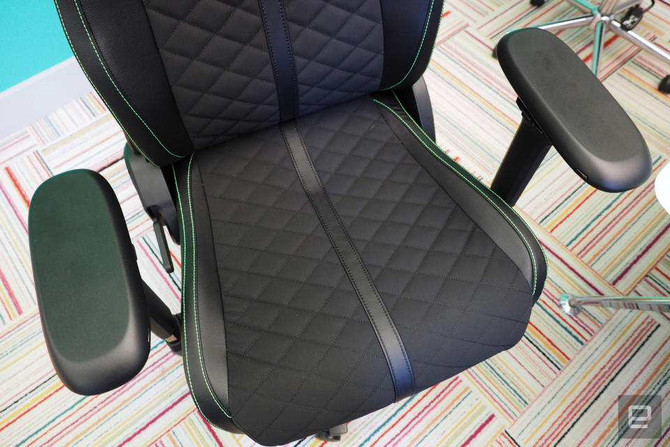 <p>The Razer Enki gaming chair, it's black with a high back and adjustable arm rests</p>
