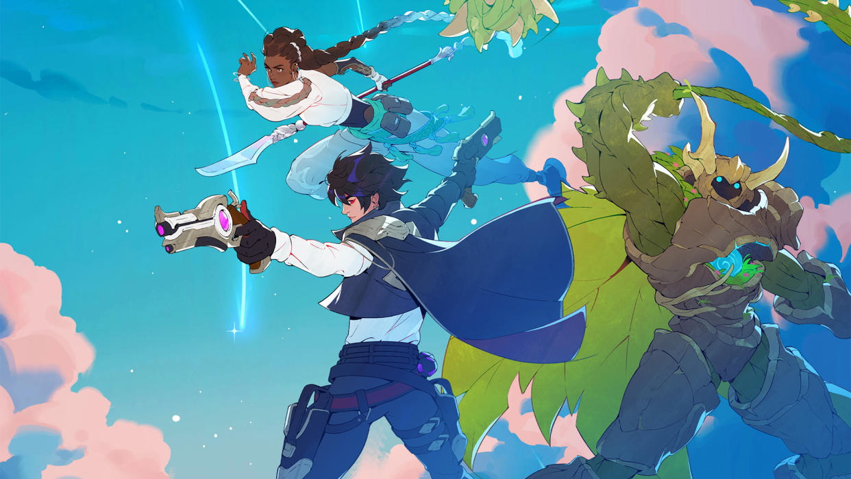  Seekers of Skyveil keyart of three characters on a blue background. 