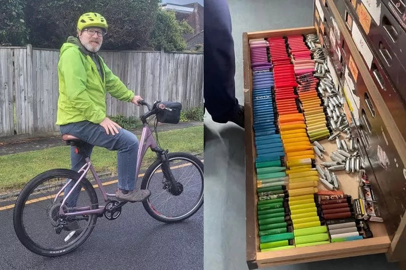 Mark Hopgood on his e-bike (left) and hundreds of used vapes (right)