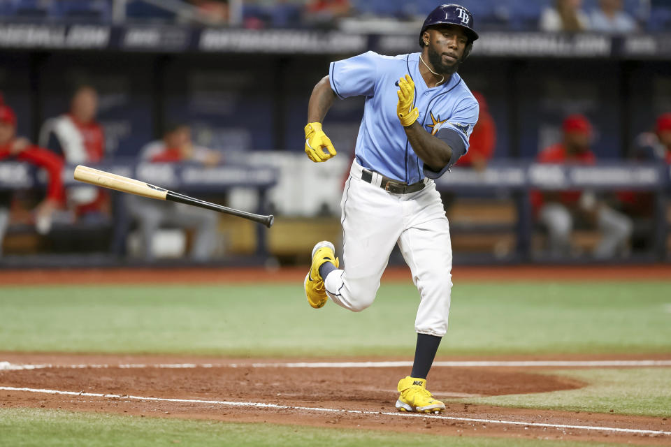 Tampa Bay Rays' Randy Arozarena singles against the Los Angeles Angels during the third inning of a baseball game Tuesday, Aug. 23, 2022, in St. Petersburg, Fla. (AP Photo/Mike Carlson)