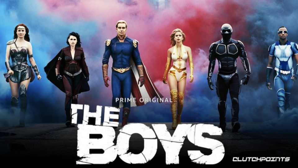 A promotional image from The Boys - Season 3 showing three women and three men in various super hero garb walking towards the camera with coloured smoke behind.