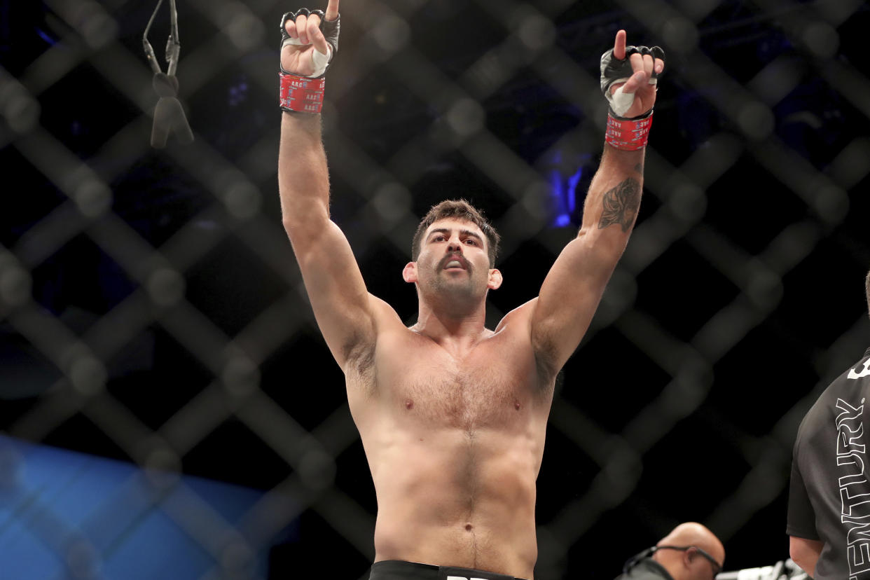 Rob Wilkinson celebrates a win against Delan Monte after their mixed martial arts bout at the PFL Playoffs, Friday, August 5th, 2022, in New York. Wilkinson won via first round TKO. (AP Photo/Gregory Payan)