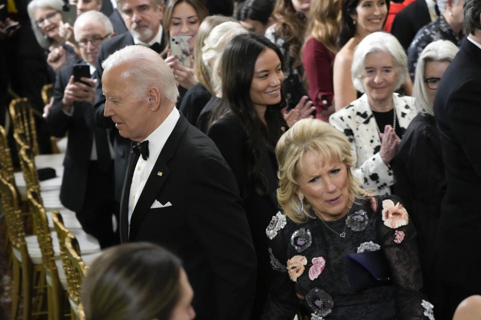 President Joe Biden and first lady Jill Biden depart the Kennedy Center honorees reception at the White House in Washington, Sunday, Dec. 4, 2022. (AP Photo/Manuel Balce Ceneta)