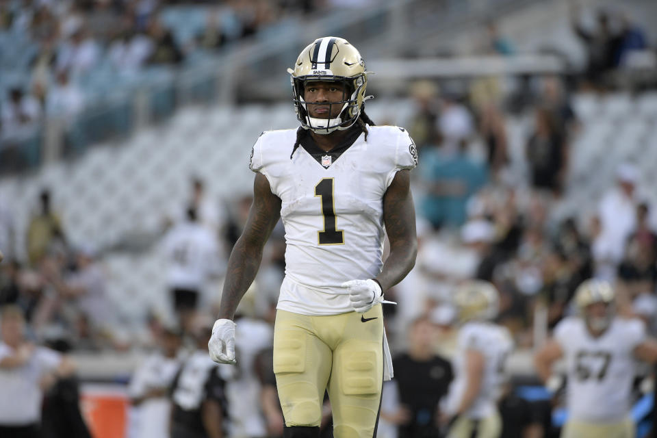 New Orleans Saints wide receiver Marquez Callaway (1) sets up for a play during the second half of an NFL football game against the Green Bay Packers, Sunday, Sept. 12, 2021, in Jacksonville, Fla. (AP Photo/Phelan M. Ebenhack)