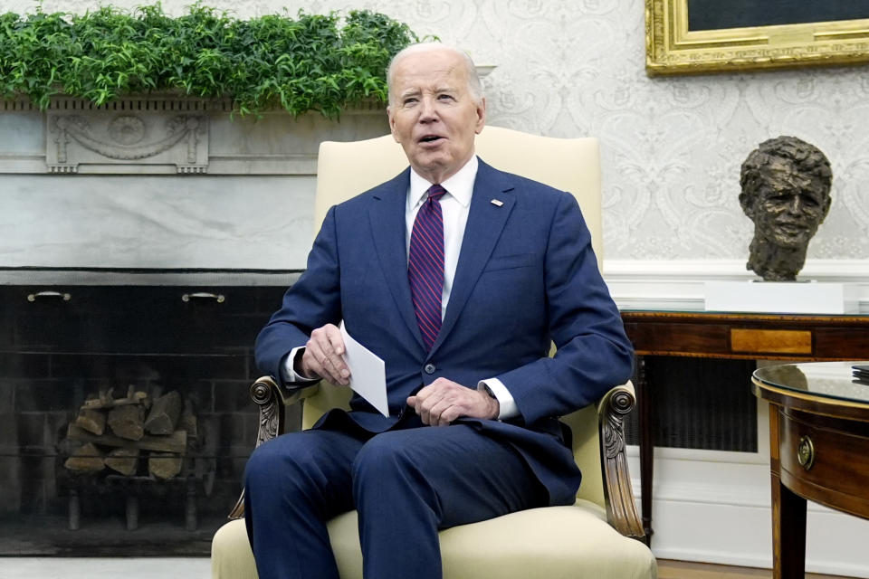 FILE - President Joe Biden speaks during a meeting with Prime Minister Petr Fiala of the Czech Republic in the Oval Office at the White House, April 15, 2024. Biden’s latest plan for student loan cancellation is moving forward as a proposed regulation, offering him a fresh chance to deliver on a campaign promise and energize young voters ahead of the November election. The Education Department on Tuesday filed paperwork for a new regulation that would deliver the cancellation the Democratic president announced last week. (AP Photo/Manuel Balce Ceneta, File)