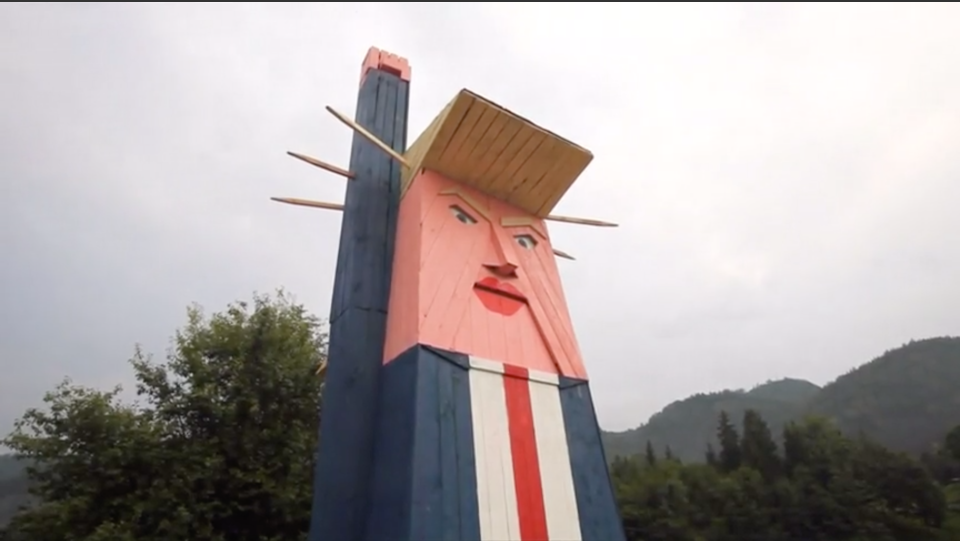 A wooden structure appearing to mock President Donald Trump near Kamnik, Slovenia, was found burned to the ground in January. / Credit: Reuters