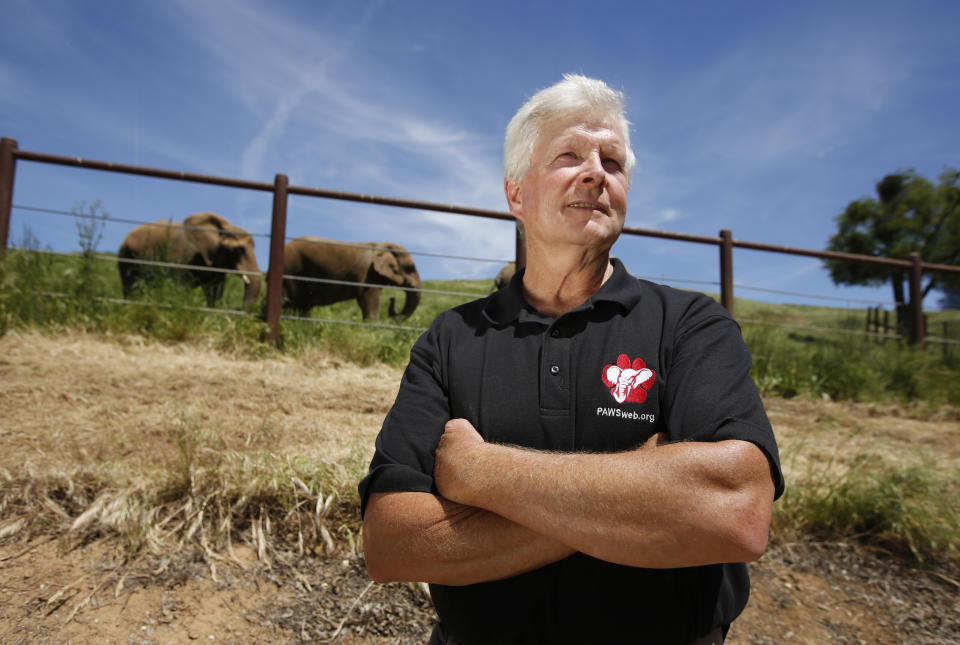 In this photo taken Friday April 26, 2019, Ed Stewart, President and co-founder of the Performing Animals Welfare Society, poses at the PAWS ARK 2000 Sanctuary near San Andreas, Calif. The more than 2,000 acre sanctuary was built more than a decade ago to provide a more natural environment to animals that have spent years displayed at zoo's or forced to perform at circuses.(AP Photo/Rich Pedroncelli)