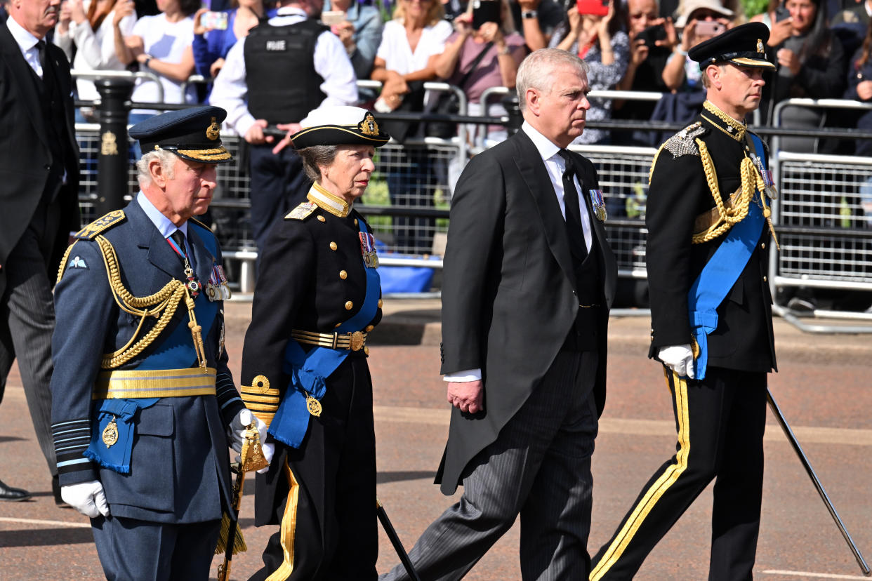 LONDON, ENGLAND - SEPTEMBER 14: King Charles III, Princess Anne, Princess Royal, Prince Andrew, Duke of York and Prince Edward, Earl of Wessex walk behind the coffin during the procession for the Lying-in State of Queen Elizabeth II on September 14, 2022 in London, England. Queen Elizabeth II's coffin is taken in procession on a Gun Carriage of The King's Troop Royal Horse Artillery from Buckingham Palace to Westminster Hall where she will lay in state until the early morning of her funeral. Queen Elizabeth II died at Balmoral Castle in Scotland on September 8, 2022, and is succeeded by her eldest son, King Charles III.  (Photo by Leon Neal/Getty Images)