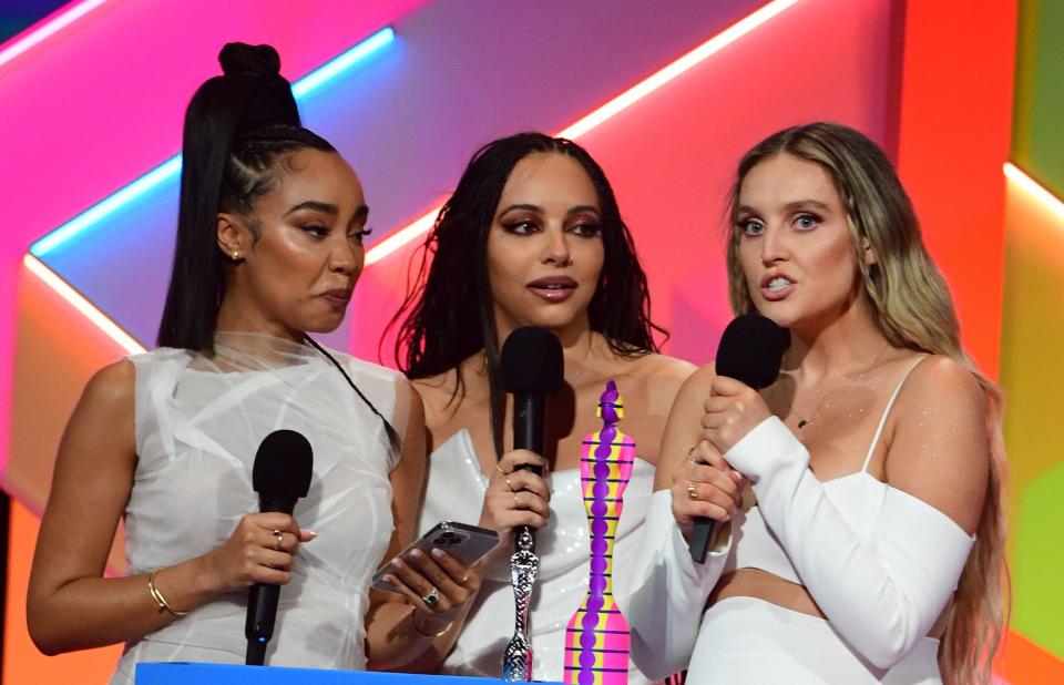 Little Mix accept the award for Best British Group during the Brit Awards 2021 at the O2 Arena, London. Picture date: Tuesday May 11, 2021.