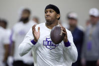 Washington quarterback Michael Penix Jr. looks to throw during the team's NFL football pro day Thursday, March 28, 2024, in Seattle. (AP Photo/John Froschauer)