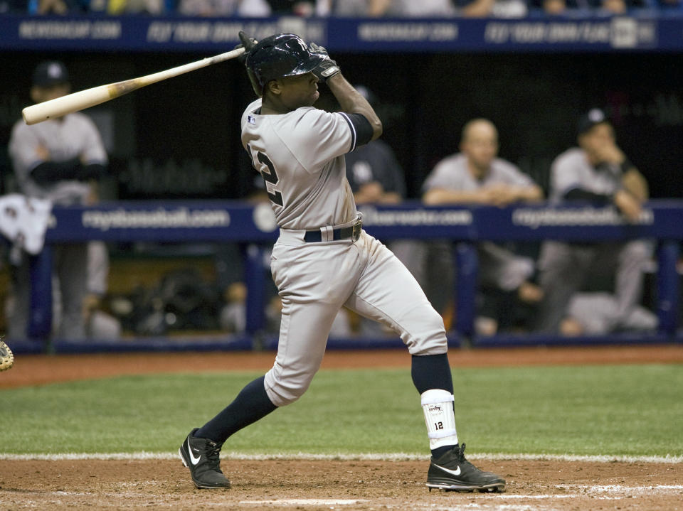 New York Yankees designated hitter Alfonso Soriano hits an RBI-single off Tampa Bay Rays reliever Jake McGee during the seventh inning of a baseball game on Friday, April 18, 2014, in St. Petersburg, Fla. (AP Photo/Steve Nesius)