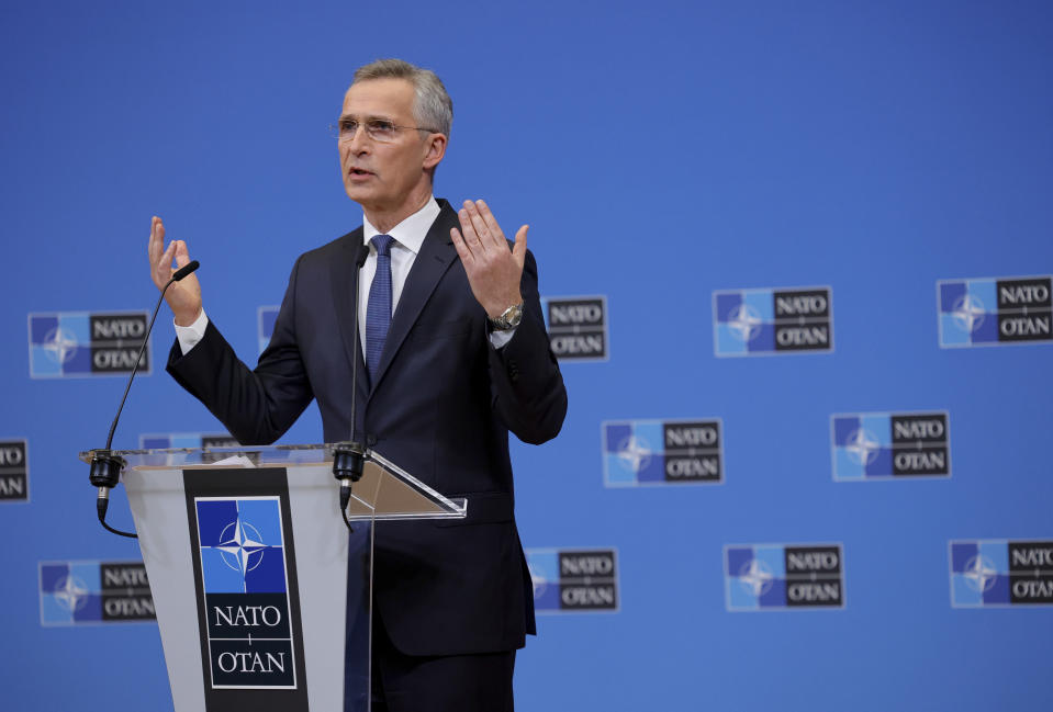 NATO Secretary General Jens Stoltenberg speaks during a media conference after a meeting of the NATO-Ukraine Commission at NATO headquarters in Brussels, Tuesday, Feb. 22, 2022. World leaders are getting over the shock of Russian President Vladimir Putin ordering his forces into separatist regions of Ukraine and they are focusing on producing as forceful a reaction as possible. Germany made the first big move Tuesday and took steps to halt the process of certifying the Nord Stream 2 gas pipeline from Russia. (AP Photo/Olivier Matthys)