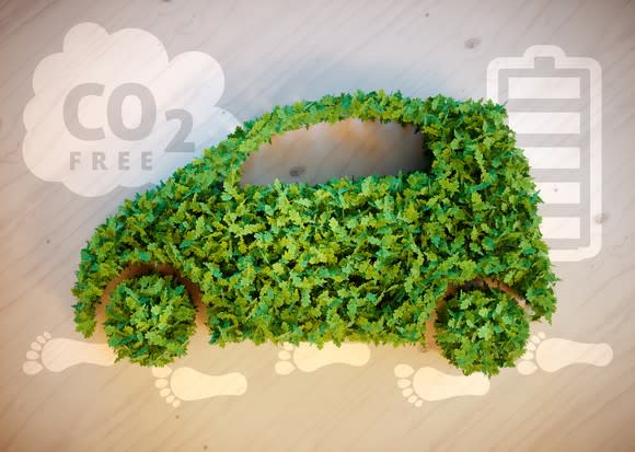 Illustration of a car made from leaves with CO2 free image.