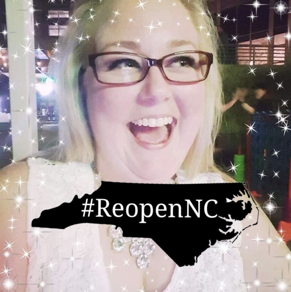 Pictured is Audrey Whitlock with a star filter over the photo and a Reopen NC hashtag. 