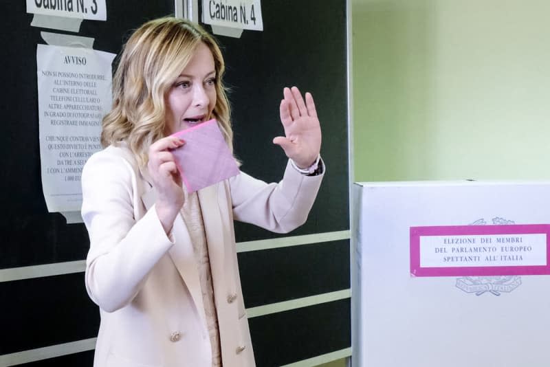 Italian Prime Minister Giorgia Meloni casts her vote at a polling station during the European Parliament elections.  Mauro Scrobogna/LaPresse via ZUMA Press/dpa