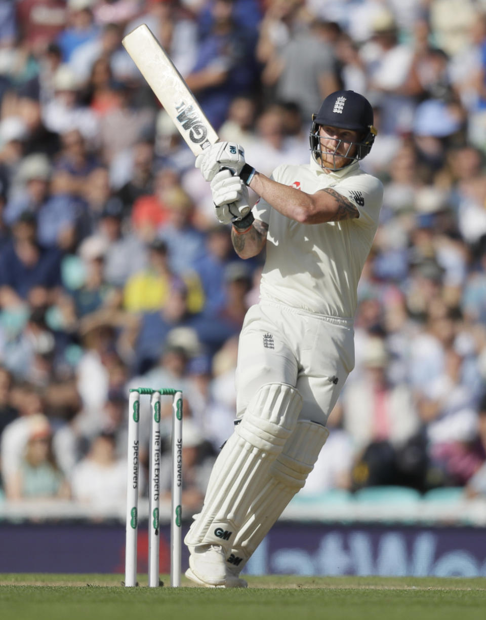 England's Ben Stokes plays a shot off the bowling of Australia's Josh Hazlewood during the third day of the fifth Ashes test match between England and Australia at the Oval cricket ground in London, Saturday, Sept. 14, 2019. (AP Photo/Kirsty Wigglesworth)