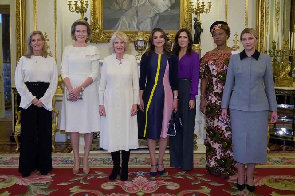 Sophie, Sophie Countess of Wessex, Queen Mathilde of Belgium, Camilla Queen Consort, Queen Rania, Danish Crown Princess Mary, the first lady of Sierra Leone Fatima Maada Bio, and the first lady of Ukraine Olena Zelenska pose for a photograph during a reception to raise awareness of violence against women and girls as part of the UN 16 days of Activism against Gender-Based Violence, in Buckingham Palace