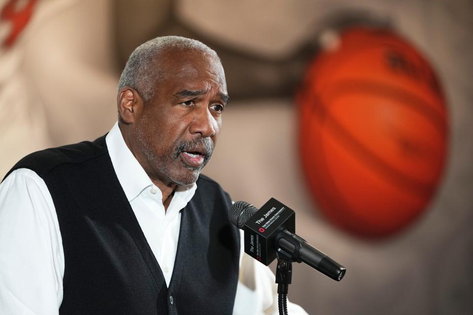 Feb 14, 2024; Columbus, Ohio, USA; Ohio State University athletic director Gene Smith speaks to reporters about the firing of men’s basketball coach Chris Holtmann at Value City Arena.