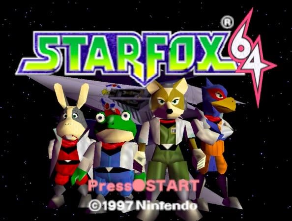 Opening image of Star Fox 64, featuring the cast in front of the fighter jet