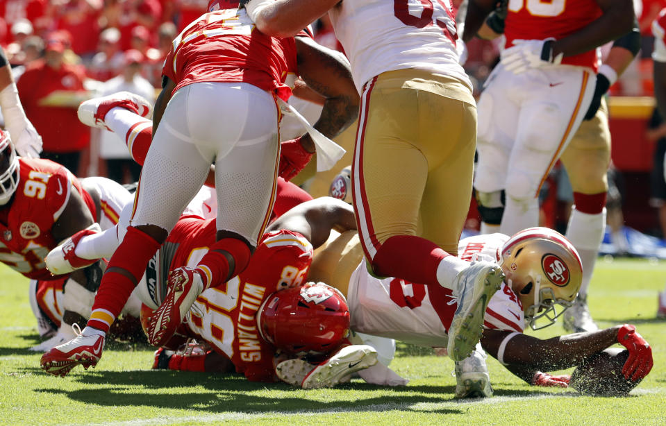 San Francisco 49ers running back Alfred Morris (46) scores a touchdown during the first half of an NFL football game against the Kansas City Chiefs in Kansas City, Mo., Sunday, Sept. 23, 2018. (AP Photo/Charlie Riedel)