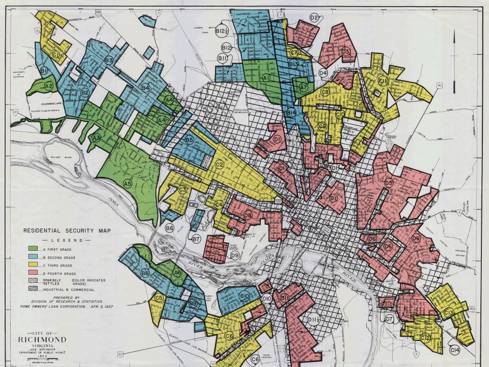 Color coded illustrated map of Richmond, Virginia in the United States, April 3, 1937. It is annotated to show mortgage lending risk based on neighborhood, including residential, commercial and industrial areas, 1930s. Residential districts are denoted as low, medium and high income areas. These types of maps were later known as redlining maps.