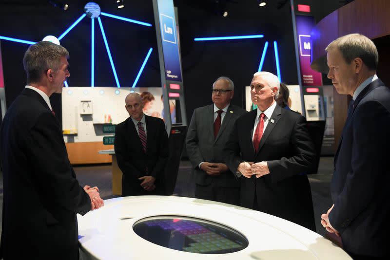 U.S. Vice President Mike Pence, who heads the government's coronavirus task force, is seen during a tour of 3M's Innovation Center at the 3M company headquarters in Maplewood