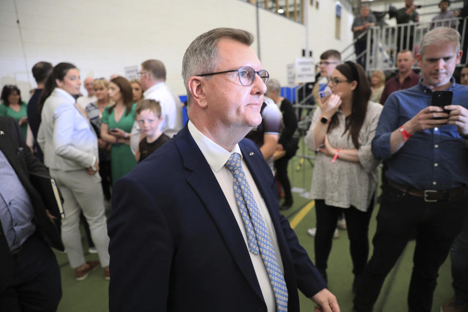 Jeffrey Donaldson leader of the Democratic Unionist Party attends Medow Bank election count centre on Saturday, May, 7, 2022, in Magherafelt , Northern Ireland. (AP Photo/Peter Morrison)