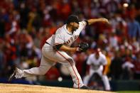 ST LOUIS, MO - OCTOBER 17: Jose Mijares #50 of the San Francisco Giants pitches in the eighth inning against the St. Louis Cardinals in Game Three of the National League Championship Series at Busch Stadium on October 17, 2012 in St Louis, Missouri. (Photo by Elsa/Getty Images)