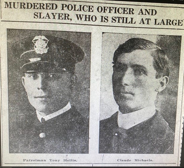 Muncie police officer Anthony Hellis and the local man who killed him, Claude Michaels, are shown in photos published in local newspapers in the wake of the September 1923 homicide.