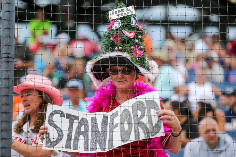 Sanford fans wait for the game to start before a softball game between Stanford and Washington at the Women's College World Series at USA Softball Hall of Fame Stadium in in Oklahoma City on Sunday, June 4, 2023.