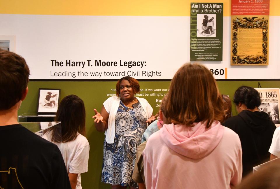 Carshonda Wright, cultural center leader, talks about the Civil Rights movement and the Moores.  8th grade students from Hoover Middle School in Indialantic toured the Harry T. and Harriet B. Moore Memorial Park and Museum recently to learn about the Moores and the Civil Rights movement from 1860-1964. 